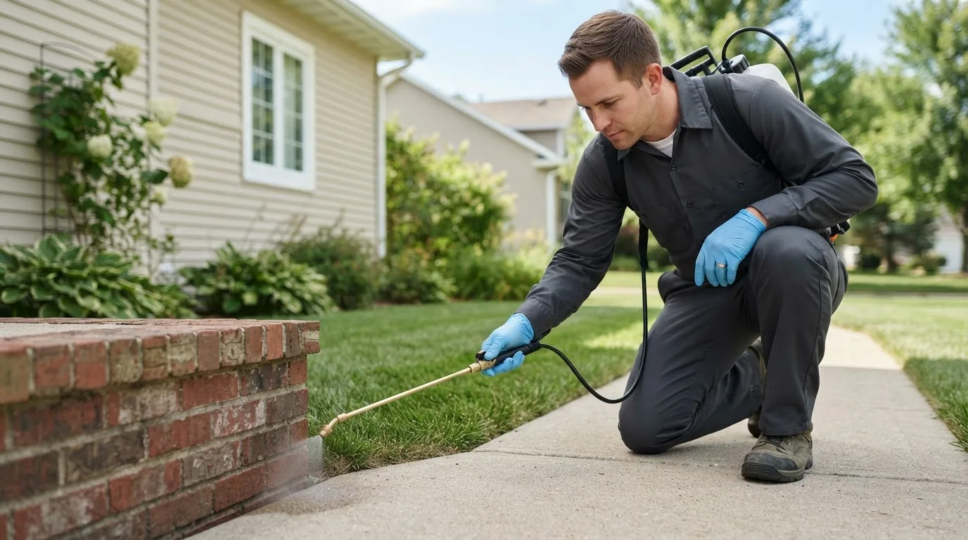 Pest control technician treating a home near Lafayette, OR